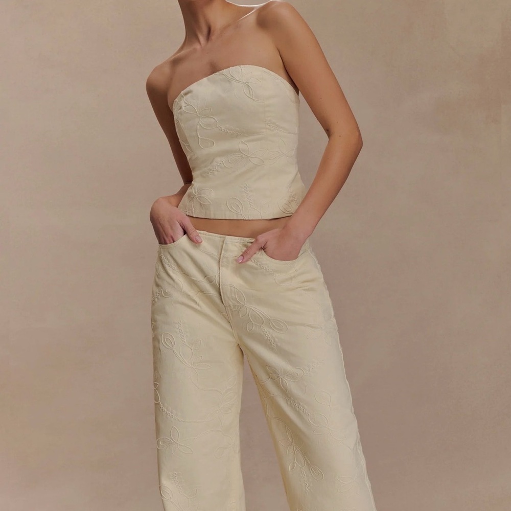 Meshki Ebony Embroidered Denim Corset - Cream